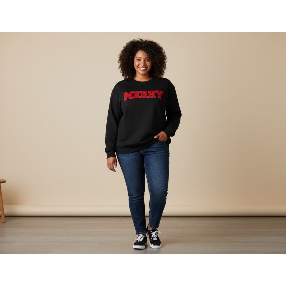 Plus Size Merry Sweatshirt Black Red Chenille Patch Holiday Pullover 2XL